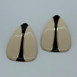 Vintage Modernist Pierced Earrings Gold-tone Cream Black Enamel Geometric  1980s